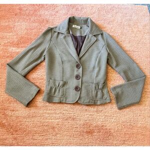 Karee Cropped Blazer Jacket M Brown Print Fitted Button Front